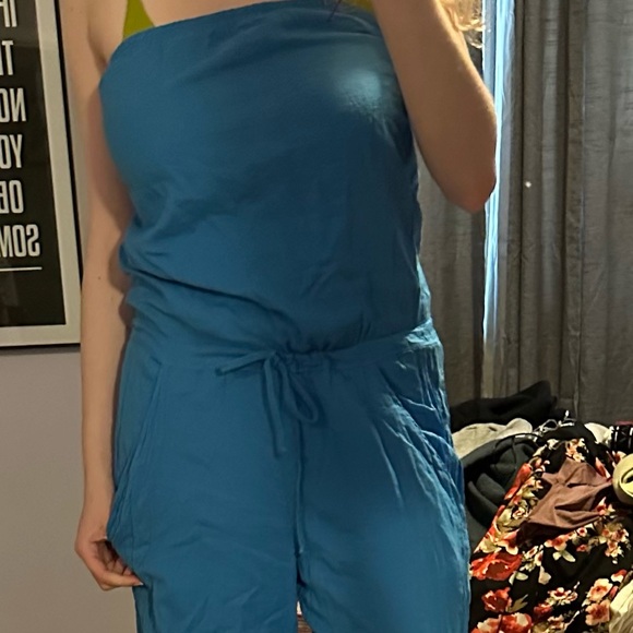 Blue strapless jumpsuit, drawstring waist - Picture 3 of 5